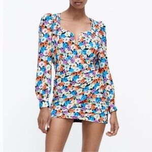 Zara Floral Print V-Neck Ruched Side Mini Dress Women Size Small Multi Color